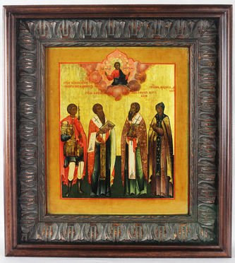 Старинная икона "Георгий Победоносец святой великомученик, святой Василий Великий, святой апостол Иаков, святая преподобномученица Феодосия"