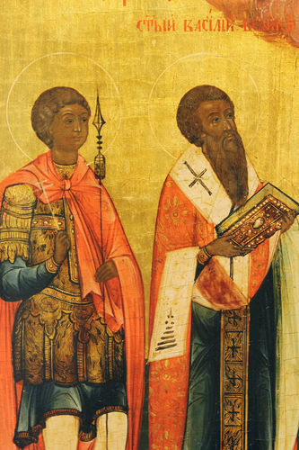 Старинная икона "Георгий Победоносец святой великомученик, святой Василий Великий, святой апостол Иаков, святая преподобномученица Феодосия" - фото 3