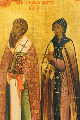 Старинная икона "Георгий Победоносец святой великомученик, святой Василий Великий, святой апостол Иаков, святая преподобномученица Феодосия" - фото 4