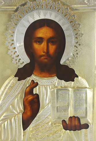 Старинная икона "Господь Вседержитель" (Спаситель) в серебряном окладе - фото 2