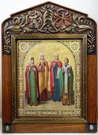 Старинная икона "Святая княгиня Ольга, святая мученица Елизавета, святая великомученица Параскева, святой Василий Великий"