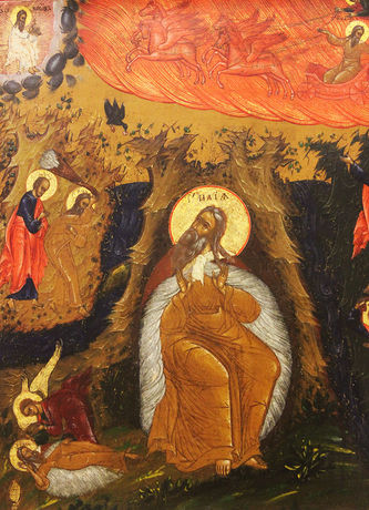 Старинная икона "Огненное восхождение Ильи пророка с предстоящими святыми" - фото 2