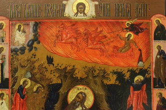 Старинная икона "Огненное восхождение Ильи пророка с предстоящими святыми" - фото 3