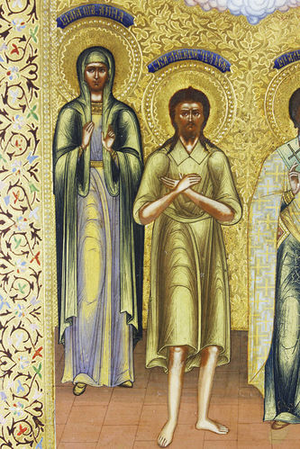 Старинная икона "Святая праведная Анна, святой Божий человек Алексей, Александр, святая великомученица Варвара" - фото 3