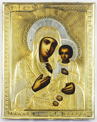 Венчальная пара иконы антикварные -"Богоматерь Иверская" и "Господь Вседержитель" - фото 2