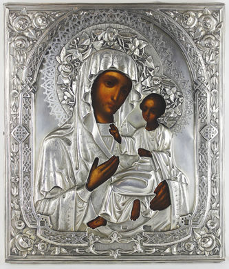 Старинная икона "Божья Матерь Тихвинская" в серебряном окладе - фото 2