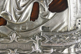 Старинная икона "Божья Матерь Тихвинская" в серебряном окладе - фото 4