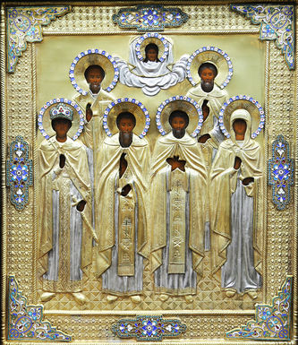 Старинная икона "Святые благоверный князь Михаил, Николай Мирликийский чудотворец, праведный Иоанн Рыльский, пророк Моисей, мученица Ирина, преподобный Сергей Радонежский" - фото 2