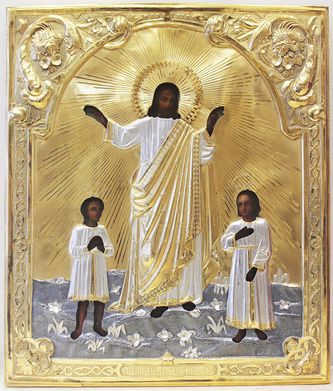 Старинная икона "Господь Вседержитель, благословляющий детей"