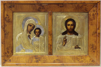 Венчальная пара иконы антикварные - "Господь Вседержитель" и Божья Матерь "Казанская"