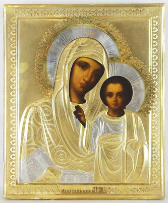 Венчальная пара иконы антикварные - "Господь Вседержитель" и Божья Матерь "Казанская" - фото 2