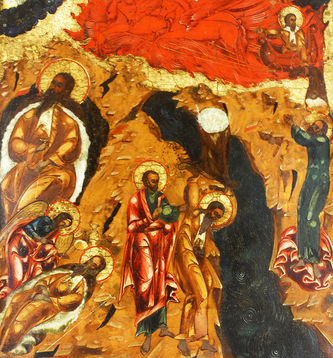 Старинная икона "Огненное восхождение Ильи пророка с предстоящими святыми" - фото 2