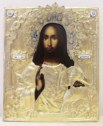 Антикварная икона "Господь Вседержитель" в окладе с эмалью - фото 2