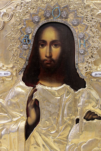 Антикварная икона "Господь Вседержитель" в окладе с эмалью - фото 3