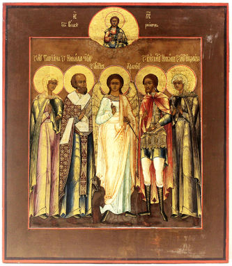 Старинная икона "Ангел Хранитель, Николай Чудотворец, Святая Татьяна, Святой Никита, Святая Стефанида"