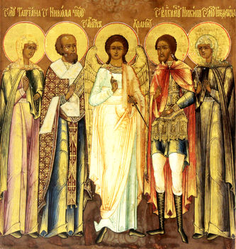 Старинная икона "Ангел Хранитель, Николай Чудотворец, Святая Татьяна, Святой Никита, Святая Стефанида" - фото 2