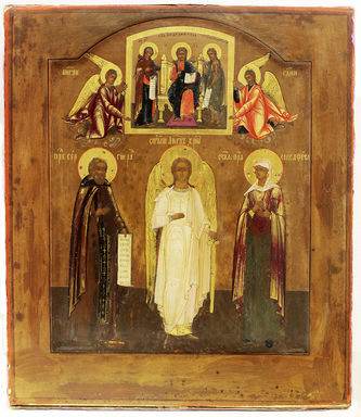 Фабрика А.И.Кузьмичёва
Антикварная икона "Святой Ангел Хранитель, преподобный Сергий Радонежский и святая Елизавета" - фото 3