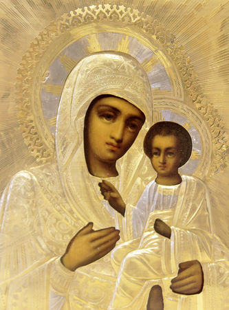 Старинная икона "Богоматерь Тихвинская" в серебряном окладе - фото 2