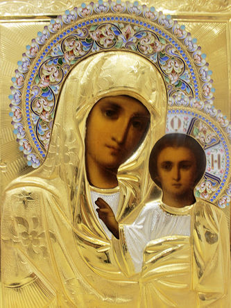 Старинная икона "Богоматерь Казанская" в серебряном окладе с расписной эмалью - фото 2