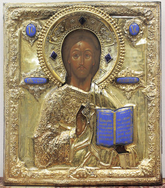 Антикварная икона "Господь Вседержитель" в окладе с эмалью