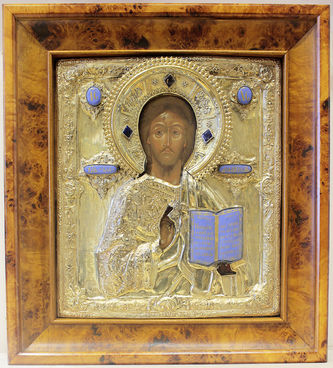 Антикварная икона "Господь Вседержитель" в окладе с эмалью - фото 3