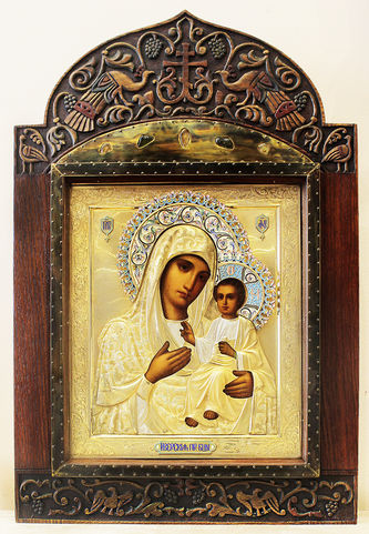 Старинная икона "Божья Матерь Иверская" в окладе с расписной эмалью