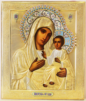 Старинная икона "Божья Матерь Иверская" в окладе с расписной эмалью - фото 2