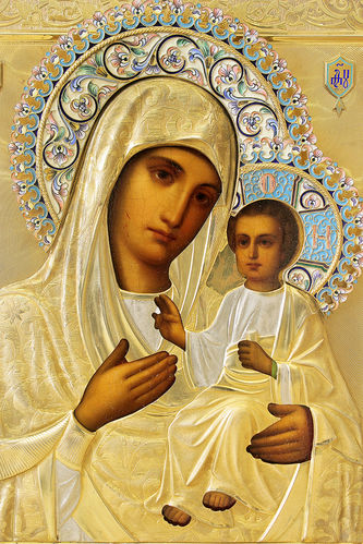 Старинная икона "Божья Матерь Иверская" в окладе с расписной эмалью - фото 3