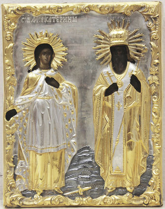 Старинная икона "Святая великомученица Екатерина и святой Павел"