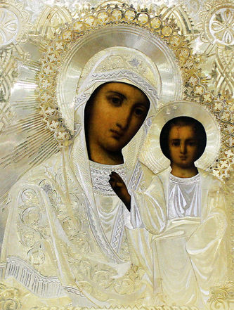 Антикварная икона "Богоматерь Казанская" в серебряном окладе - фото 2