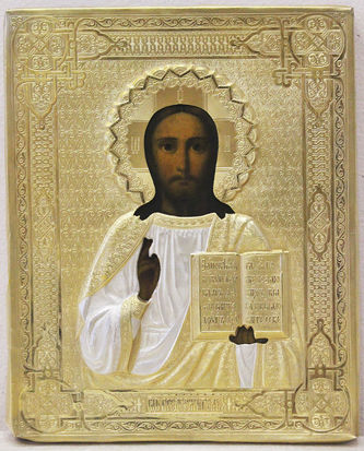 Старинная икона "Господь Вседержитель" в серебряном окладе