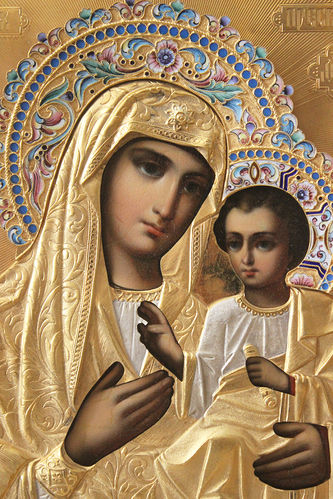 Фабрика Галкиных Семена и Петра
Старинная икона "Богоматерь Иверская" в окладе с эмалью - фото 2