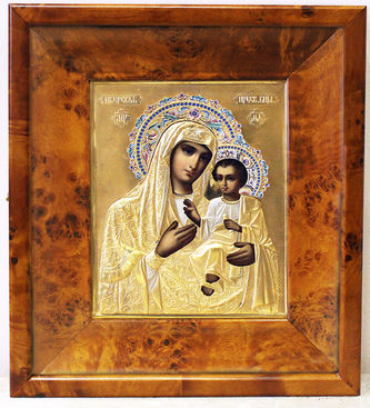 Фабрика Галкиных Семена и Петра
Старинная икона "Богоматерь Иверская" в окладе с эмалью - фото 4