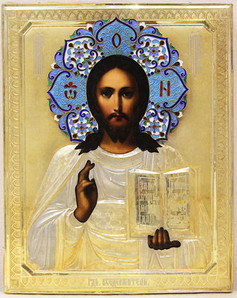 Антикварная икона "Господь Вседержитель" в окладе с эмалевым венцом