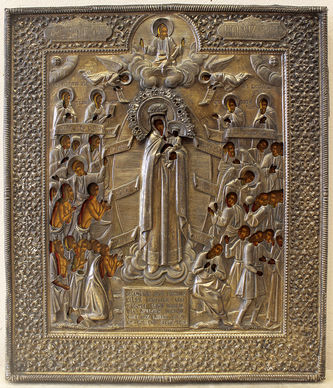 Старинная икона Божьей Матери "Всех скорбящих радость" в окладе