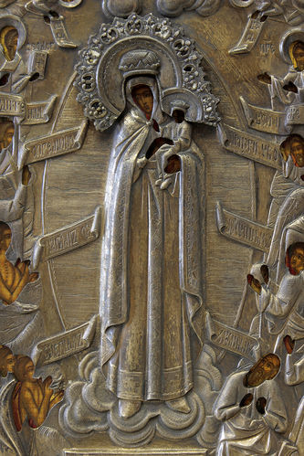 Старинная икона Божьей Матери "Всех скорбящих радость" в окладе - фото 2