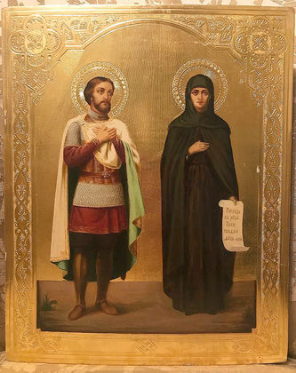 Антикварная икона "Святой князь Александр Невский и святая преподобная Анастасия"