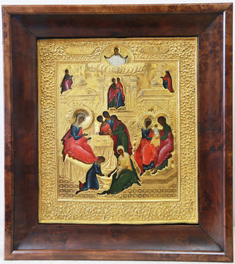 Старинная икона "Рождество Пресвятой Богородицы" в золоченом окладе - фото 4