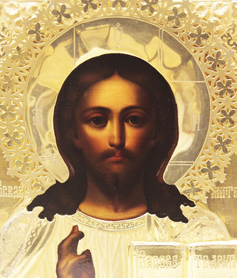 Антикварная икона "Господь Вседержитель" в серебряном окладе - фото 2