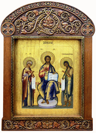 Старинная икона "Господь Вседержитель с предстоящими Богоматерью и Иоанном Крестителем (Деисус)"