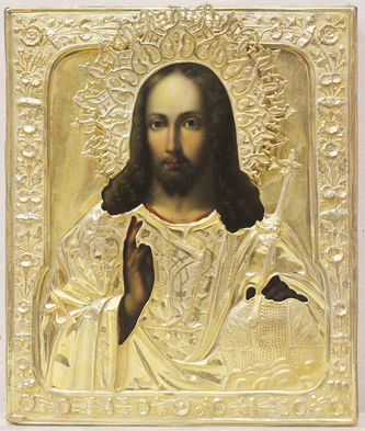 Старинная икона "Господь Вседержитель с державой и скипетром" в окладе с растительным орнаментом