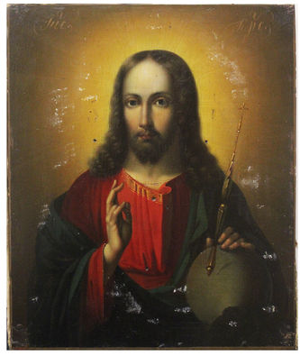 Старинная икона "Господь Вседержитель с державой и скипетром" в окладе с растительным орнаментом - фото 2