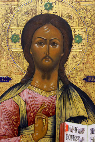 Большая старинная икона "Господь Вседержитель" на золотом фоне - фото 2