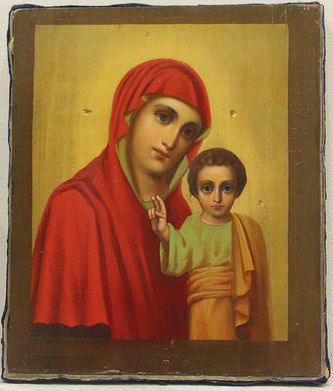 Фабрика Алексеева И.А. (1876-1912)
Антикварная икона "Богоматерь Казанская" в окладе с эмалью - фото 4