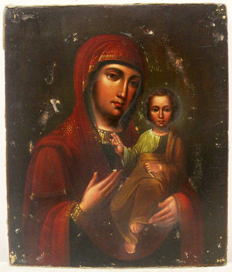 Антикварная икона "Богоматерь Смоленская" в окладе с драгоценными камнями - фото 2