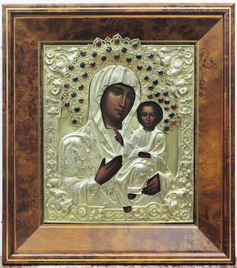Антикварная икона "Богоматерь Смоленская" в окладе с драгоценными камнями - фото 3