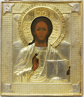 Старинная икона "Господь Вседержитель" в серебряном окладе