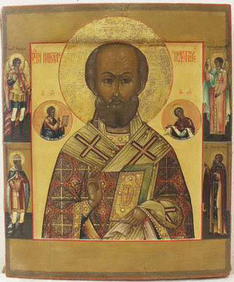 Старинная икона "Николай Чудотворец" в серебряном окладе с предстоящими архангелом Михаилом и преподобный Сергием Радонежским - фото 2