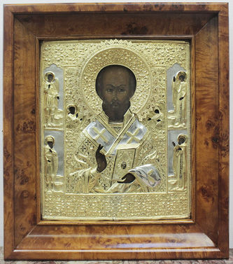 Старинная икона "Николай Чудотворец" в серебряном окладе с предстоящими архангелом Михаилом и преподобный Сергием Радонежским - фото 4