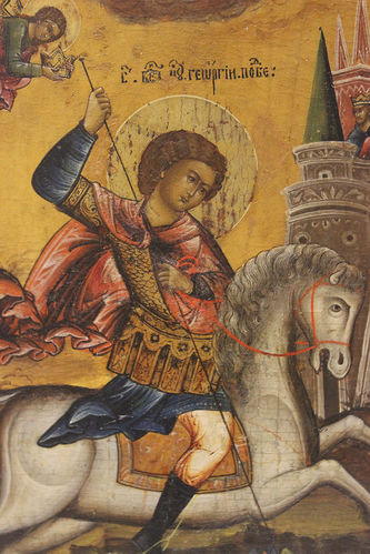 Антикварная икона "Георгий Победоносец, поражающий змея (Чудо Георгия о змие)" - фото 2